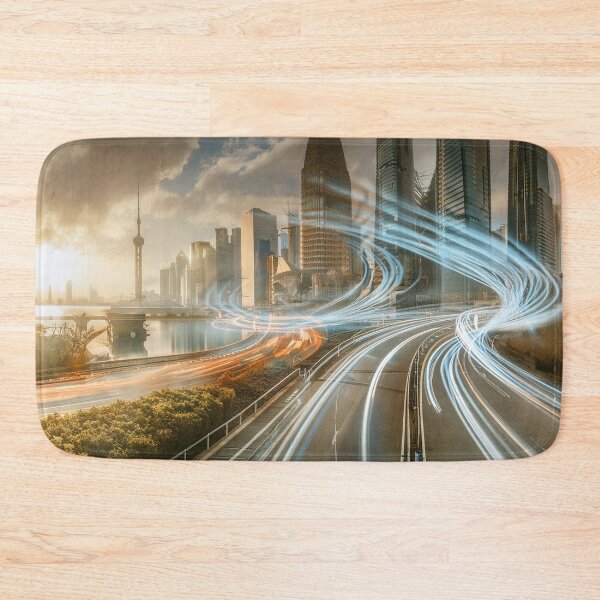Item preview, Light trails streak through a city at dawn, under a dramatic sky designed and sold by homydesign.