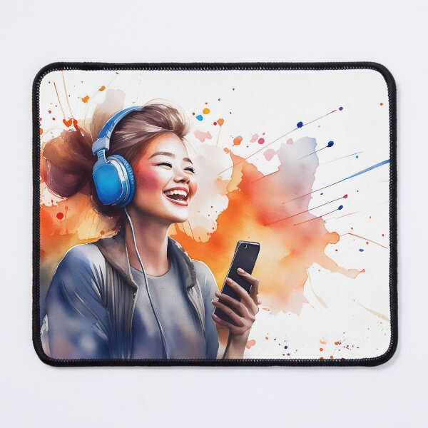Item preview, A vibrant watercolor illustration of a girl, wearing headphones and holding a phone. It exudes creativity and modern art. Generative Ai. designed and sold by homydesign.