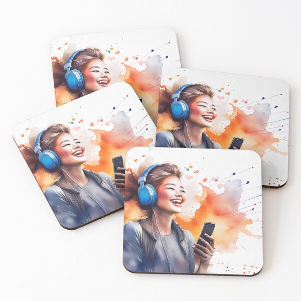 Item preview, A vibrant watercolor illustration of a girl, wearing headphones and holding a phone. It exudes creativity and modern art. Generative Ai. designed and sold by homydesign.