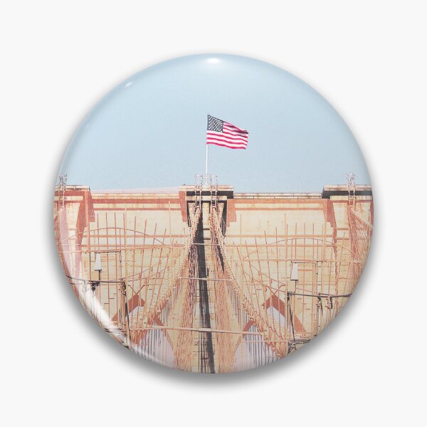 Item preview, New York, USA I Brooklyn Bridge in the middle view with the film retro vintage aesthetic atmosphere on American flag for a minimalist, geometric symmetrical photograph in blue pastel summer colors designed and sold by Julie Travel Photography.