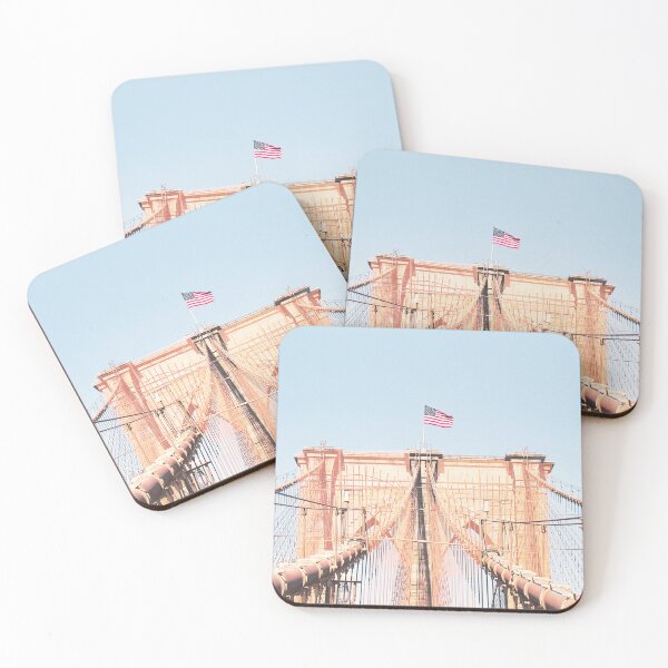 Item preview, New York, USA I Brooklyn Bridge in the middle view with the film retro vintage aesthetic atmosphere on American flag for a minimalist, geometric symmetrical photograph in blue pastel summer colors designed and sold by Julie Travel Photography.