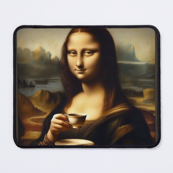 Item preview, Mona Lisa with Cup of Tea Leonardo Da Vinci painting parody designed and sold by ArtUnova.
