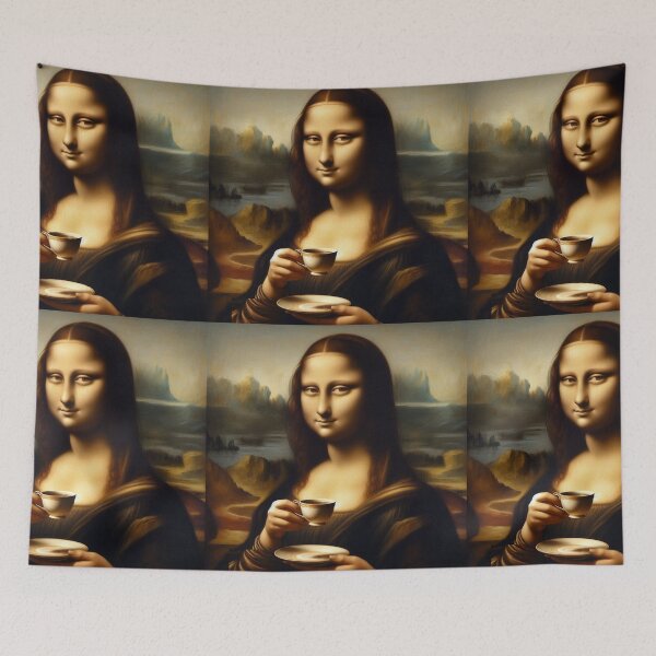 Item preview, Mona Lisa with Cup of Tea Leonardo Da Vinci painting parody designed and sold by ArtUnova.