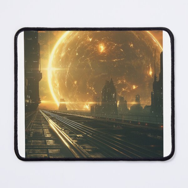 Item preview, image of a futuristic cityscape with a massive, glowing sun designed and sold by Love-Light-Bite.