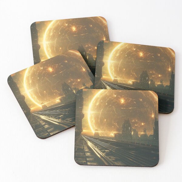 Item preview, image of a futuristic cityscape with a massive, glowing sun designed and sold by Love-Light-Bite.