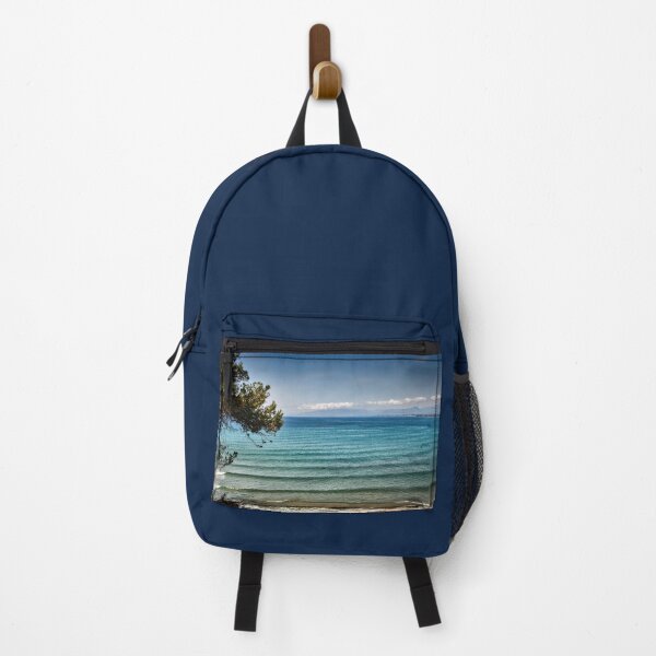 Item preview, Mediterranean bay with two people bathing on the shore designed and sold by seasandlands.