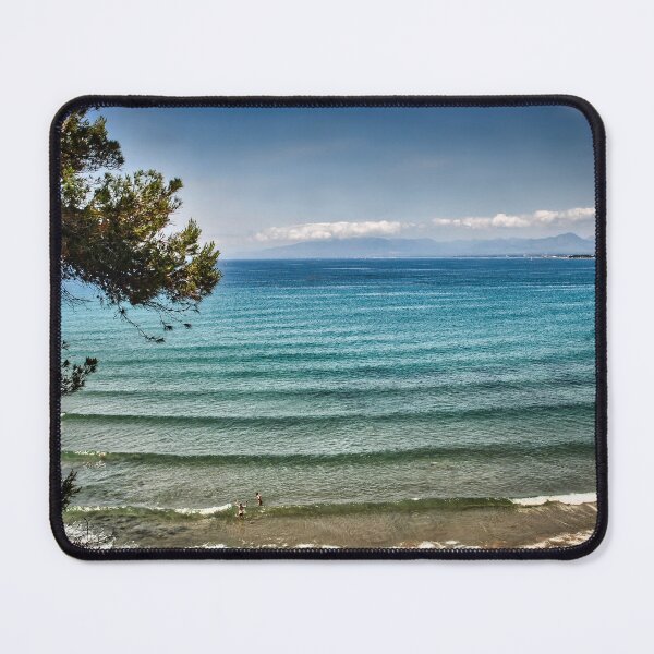 Item preview, Mediterranean bay with two people bathing on the shore designed and sold by seasandlands.