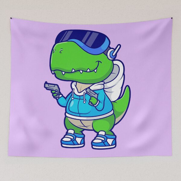 Item preview, "Cute Dinosaur Gaming with Gun: Cartoon Vector Icon Illustration" designed and sold by hjian8219.