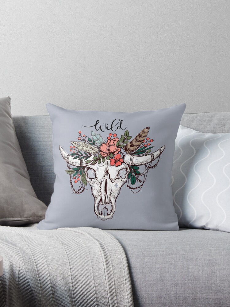 Boho Deer Skull With Flowers Floral Deer Antlers Stay Wild Throw