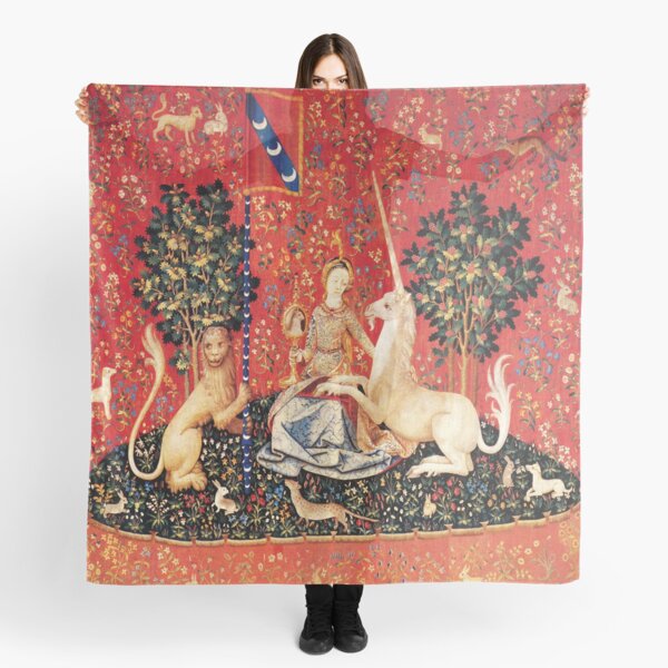 LADY AND UNICORN ,SIGHT Red Green Fantasy Flowers,Animals Scarf