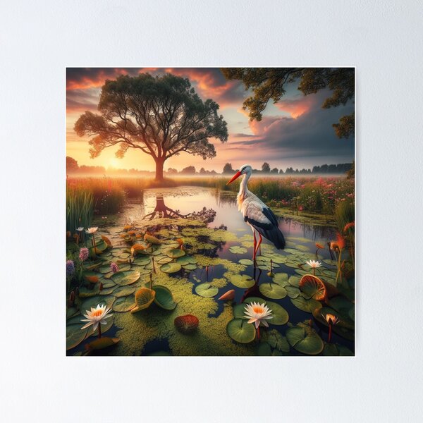 A Stork in a Lily Pond Poster