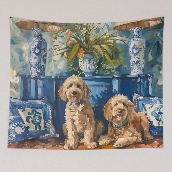 Item preview, Golden doodles in chinoiserie interior designed and sold by SophieClimaArt.