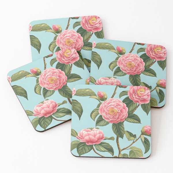 Item preview, Camellia flowers on light turquoise designed and sold by SophieClimaArt.