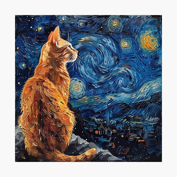 Vista previa del artículo con la obra «Gato de la noche estrellada», diseñado y vendido por WhimsyWall.