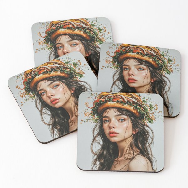 Item preview, Painting Portrait of a Woman with a Fat Burger on Her Head with Lush Greens and Delicate Flowers designed and sold by regnumsaturni.