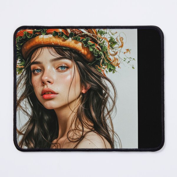 Item preview, Painting Portrait of a Woman with a Fat Burger on Her Head with Lush Greens and Delicate Flowers designed and sold by regnumsaturni.