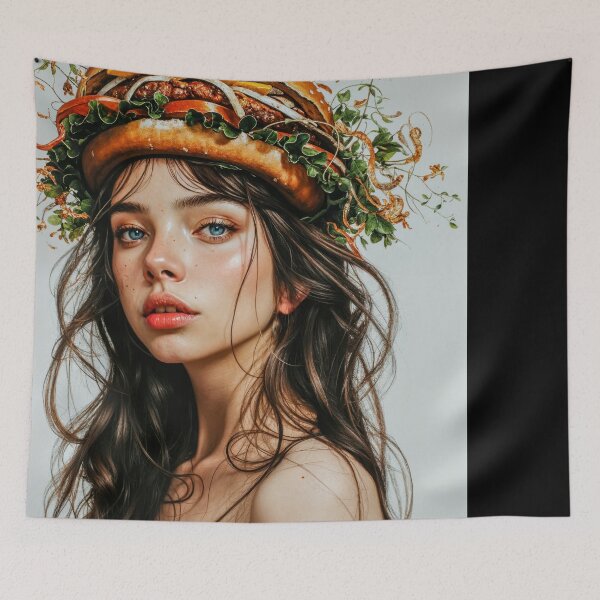 Item preview, Painting Portrait of a Woman with a Fat Burger on Her Head with Lush Greens and Delicate Flowers designed and sold by regnumsaturni.