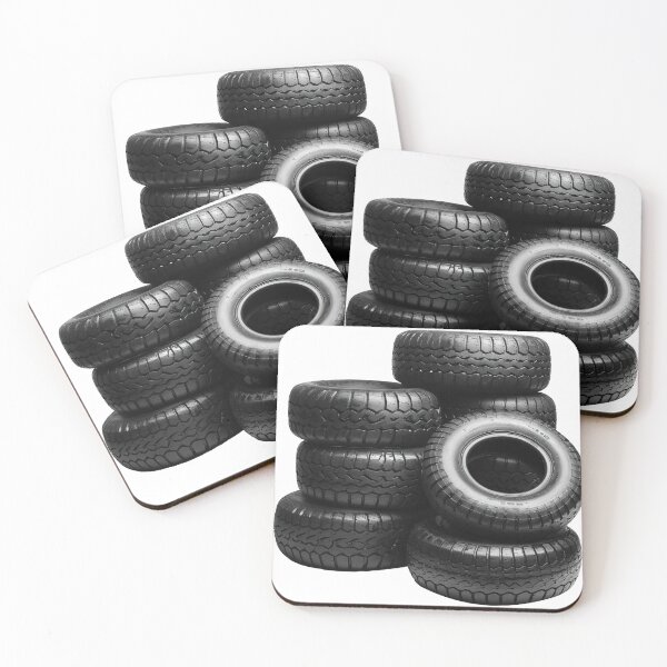 Item preview, Neatly arranged stack of five black car tires, highlighting their tread patterns against a stark transparent background designed and sold by MiraCleAI.