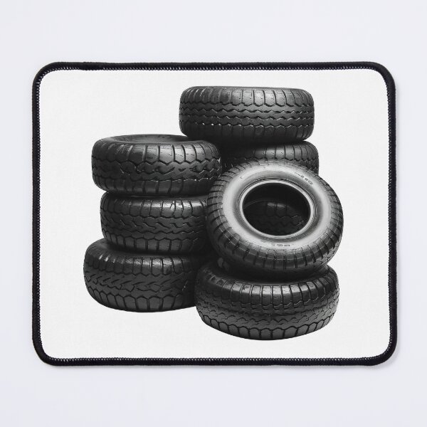 Item preview, Neatly arranged stack of five black car tires, highlighting their tread patterns against a stark transparent background designed and sold by MiraCleAI.