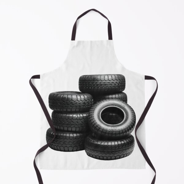 Item preview, Neatly arranged stack of five black car tires, highlighting their tread patterns against a stark transparent background designed and sold by MiraCleAI.
