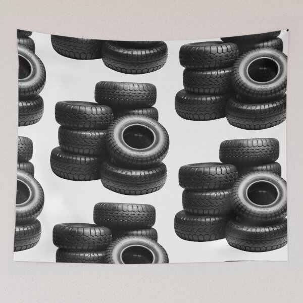 Item preview, Neatly arranged stack of five black car tires, highlighting their tread patterns against a stark transparent background designed and sold by MiraCleAI.
