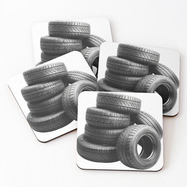 Item preview, Neatly arranged stack of five black car tires, highlighting their tread patterns against a stark transparent background designed and sold by MiraCleAI.