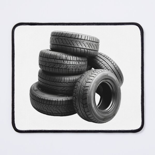 Item preview, Neatly arranged stack of five black car tires, highlighting their tread patterns against a stark transparent background designed and sold by MiraCleAI.