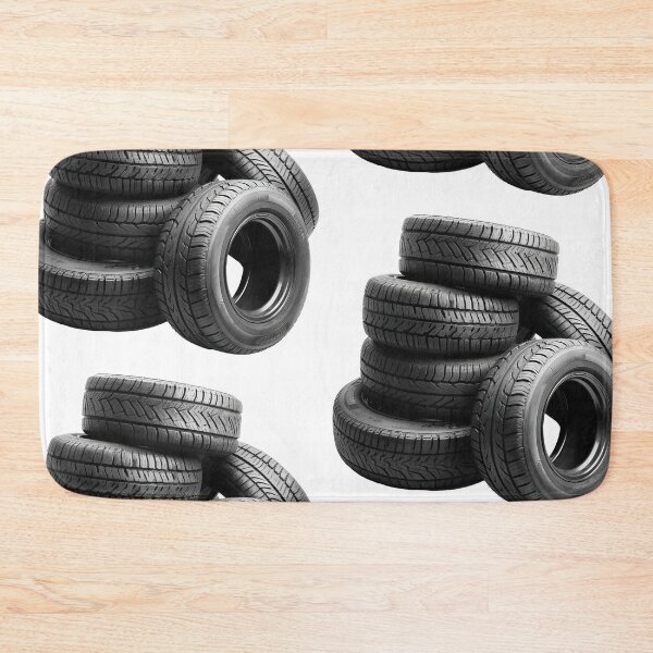 Item preview, Neatly arranged stack of five black car tires, highlighting their tread patterns against a stark transparent background designed and sold by MiraCleAI.