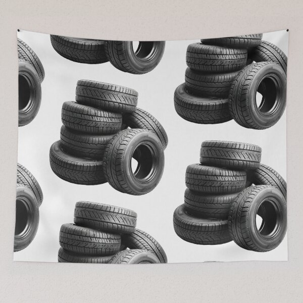 Item preview, Neatly arranged stack of five black car tires, highlighting their tread patterns against a stark transparent background designed and sold by MiraCleAI.