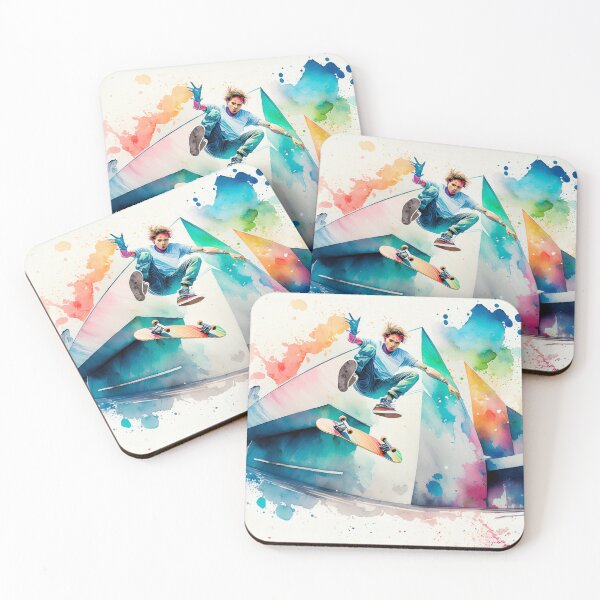 Item preview, Skater mid-air against a vibrant cityscape, depicted in dynamic watercolor strokes designed and sold by homydesign.