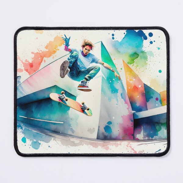 Item preview, Skater mid-air against a vibrant cityscape, depicted in dynamic watercolor strokes designed and sold by homydesign.