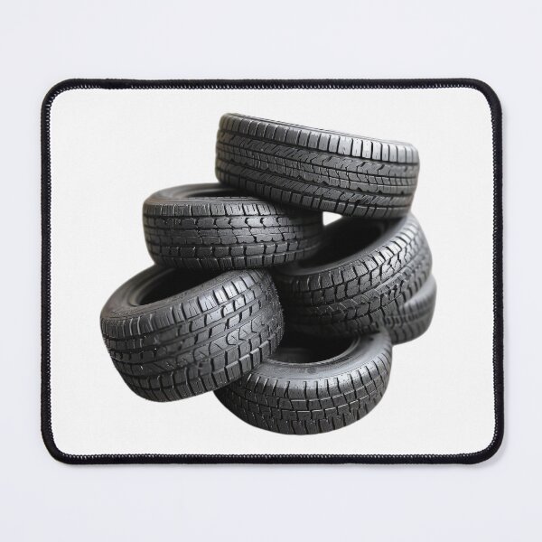 Item preview, Neatly arranged stack of five black car tires, highlighting their tread patterns against a stark transparent background designed and sold by MiraCleAI.