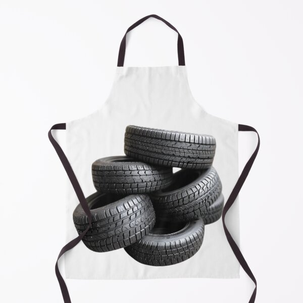 Item preview, Neatly arranged stack of five black car tires, highlighting their tread patterns against a stark transparent background designed and sold by MiraCleAI.