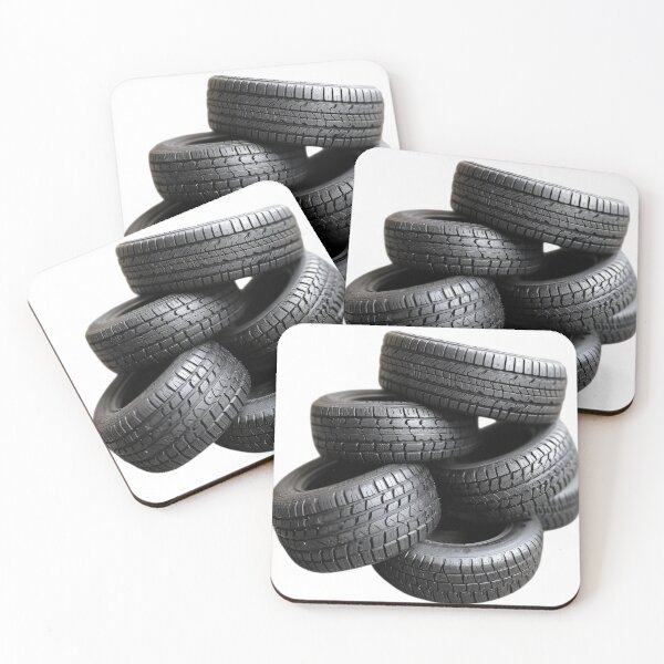 Item preview, Neatly arranged stack of five black car tires, highlighting their tread patterns against a stark transparent background designed and sold by MiraCleAI.