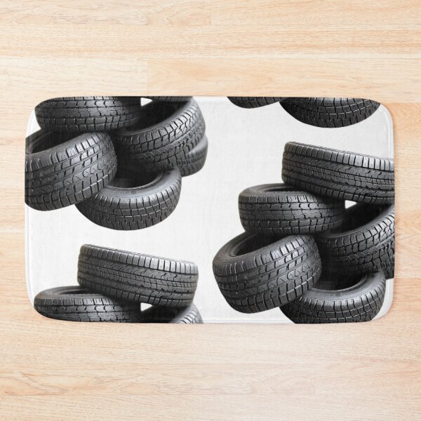 Item preview, Neatly arranged stack of five black car tires, highlighting their tread patterns against a stark transparent background designed and sold by MiraCleAI.