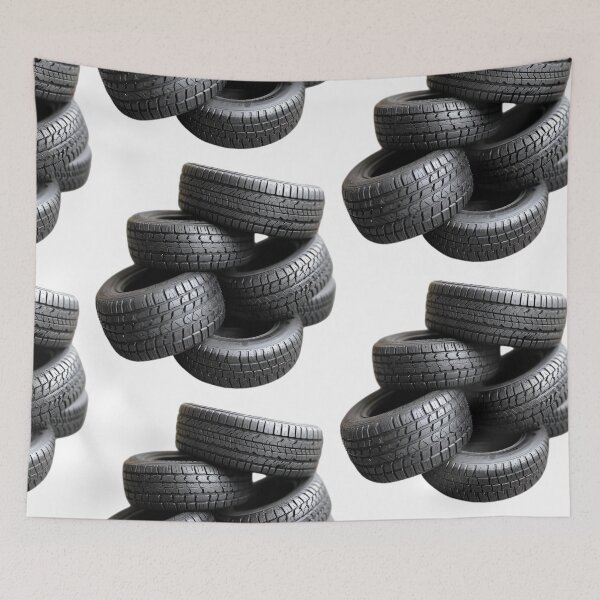 Item preview, Neatly arranged stack of five black car tires, highlighting their tread patterns against a stark transparent background designed and sold by MiraCleAI.