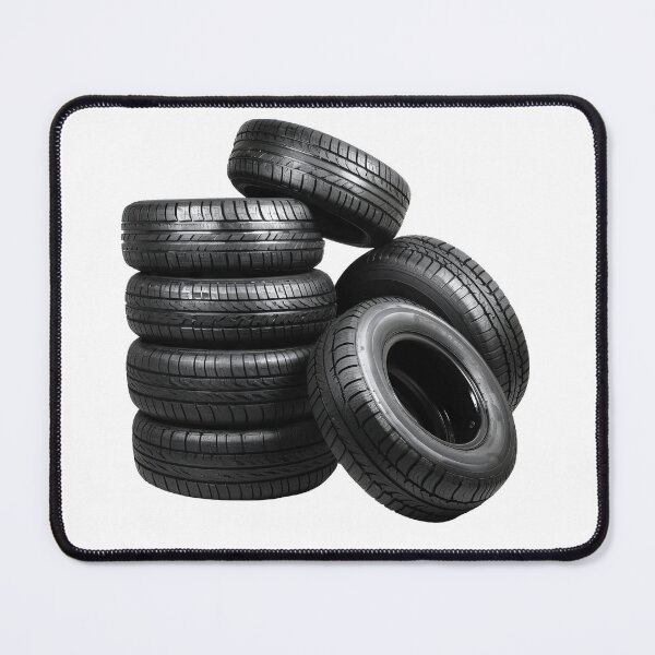Item preview, Neatly arranged stack of five black car tires, highlighting their tread patterns against a stark transparent background designed and sold by MiraCleAI.
