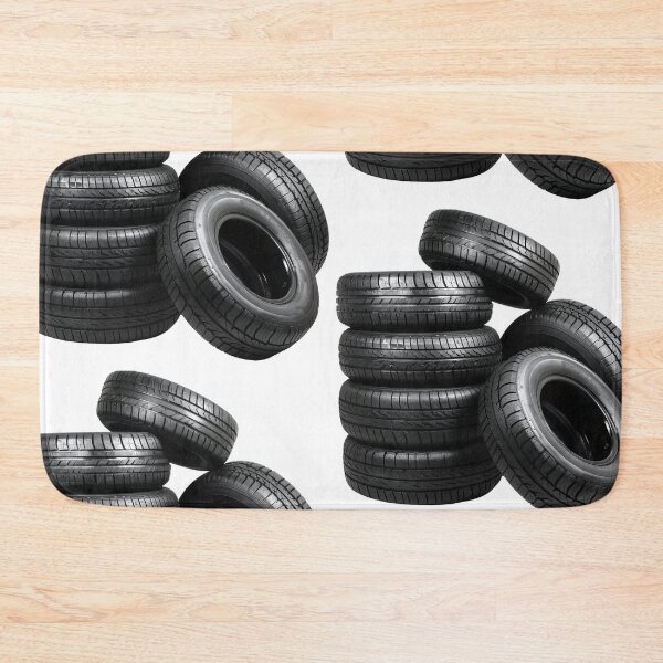 Item preview, Neatly arranged stack of five black car tires, highlighting their tread patterns against a stark transparent background designed and sold by MiraCleAI.