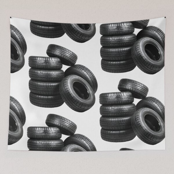 Item preview, Neatly arranged stack of five black car tires, highlighting their tread patterns against a stark transparent background designed and sold by MiraCleAI.