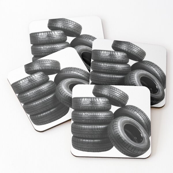Item preview, Neatly arranged stack of five black car tires, highlighting their tread patterns against a stark transparent background designed and sold by MiraCleAI.