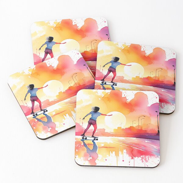 Item preview, A skateboarder glides through vibrant watercolor splashes at sunset, embodying freedom and art designed and sold by homydesign.