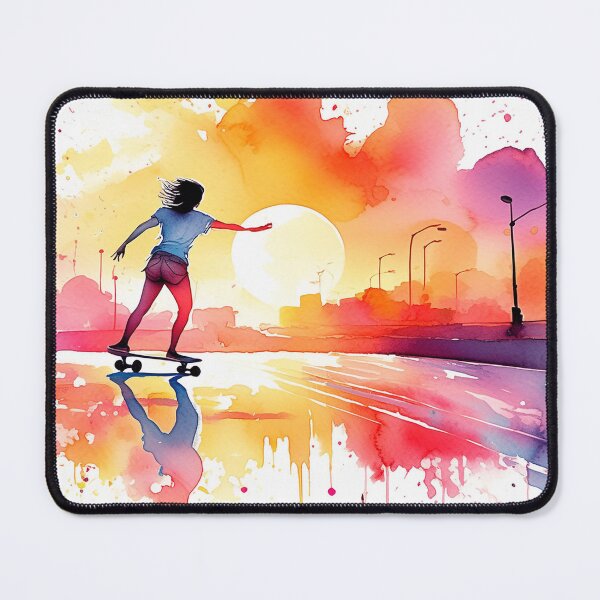 Item preview, A skateboarder glides through vibrant watercolor splashes at sunset, embodying freedom and art designed and sold by homydesign.