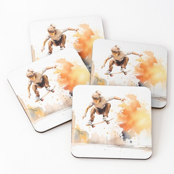 Item preview, Skater mid-air against a vibrant cityscape, depicted in dynamic watercolor strokes designed and sold by homydesign.