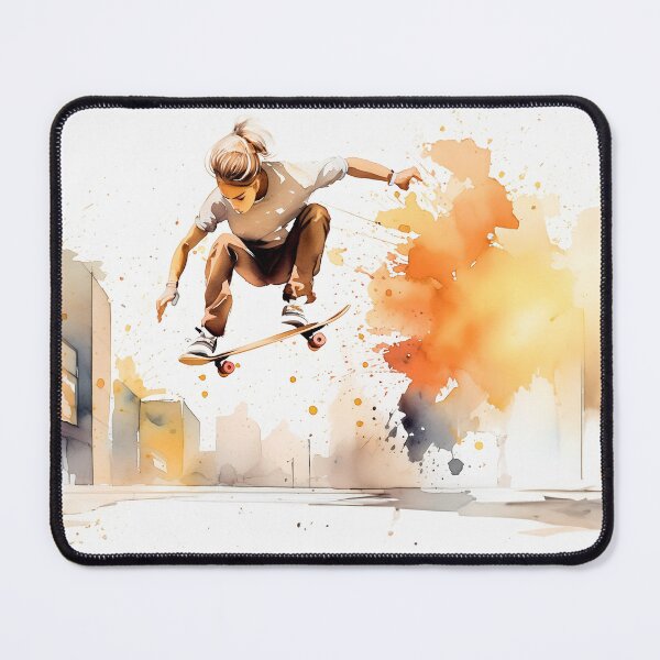 Item preview, Skater mid-air against a vibrant cityscape, depicted in dynamic watercolor strokes designed and sold by homydesign.