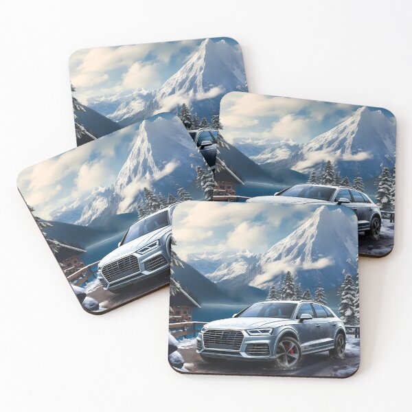 Item preview, Silver Audi Q7 Quattro In Snowy Mountains Backdrop, Lake and cottage house in background designed and sold by RevUpDesign.