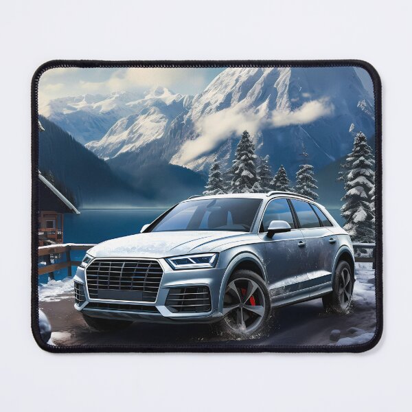 Item preview, Silver Audi Q7 Quattro In Snowy Mountains Backdrop, Lake and cottage house in background designed and sold by RevUpDesign.