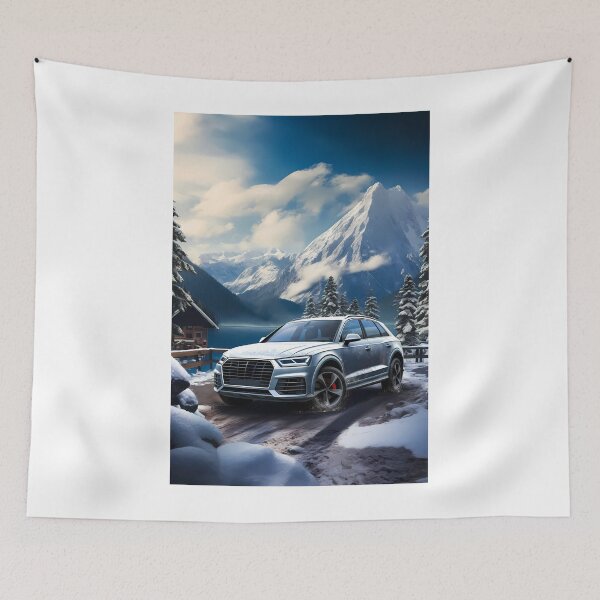 Item preview, Silver Audi Q7 Quattro In Snowy Mountains Backdrop, Lake and cottage house in background designed and sold by RevUpDesign.
