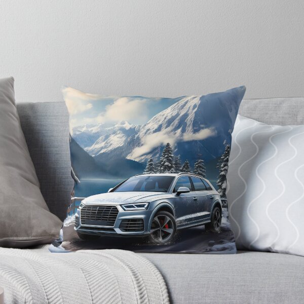 Item preview, Silver Audi Q7 Quattro In Snowy Mountains Backdrop, Lake and cottage house in background designed and sold by RevUpDesign.
