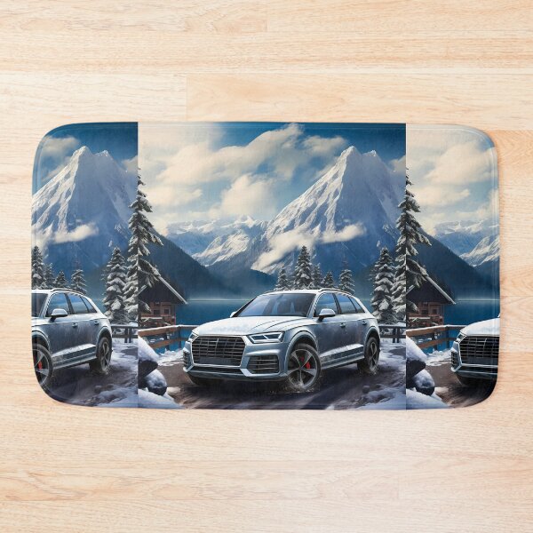 Item preview, Silver Audi Q7 Quattro In Snowy Mountains Backdrop, Lake and cottage house in background designed and sold by RevUpDesign.