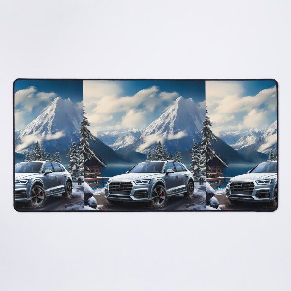 Item preview, Silver Audi Q7 Quattro In Snowy Mountains Backdrop, Lake and cottage house in background designed and sold by RevUpDesign.